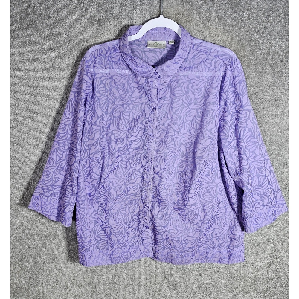 Vintage Studio Works Burnout Button Up Sheer Top Womens Sz 2X Purple 3/4 Sleeve